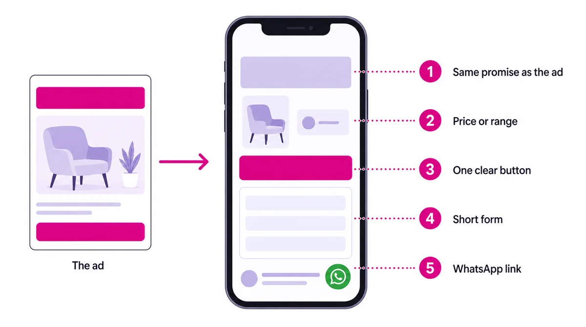 An advert leading to a phone landing page with five labels: same promise as the ad, price or range, one clear button, short form, WhatsApp link