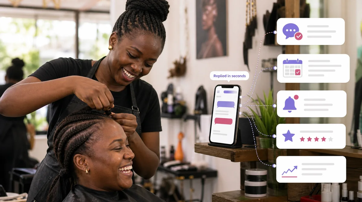 A salon owner in Yaound&eacute; braiding a client&rsquo;s hair while her phone replies to customers, books appointments, sends reminders and asks for reviews on its own