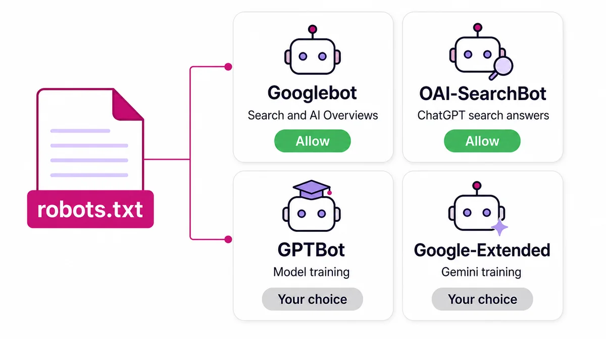 Four crawler cards: Googlebot for search and AI Overviews, OAI-SearchBot for ChatGPT search, GPTBot for model training and Google-Extended for Gemini training, each marked allow or your choice