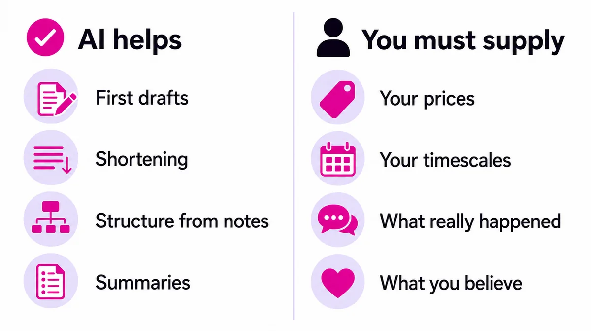 Two columns: AI helps with first drafts, shortening, structure from notes and summaries; you must supply your prices, timescales, what really happened and what you believe