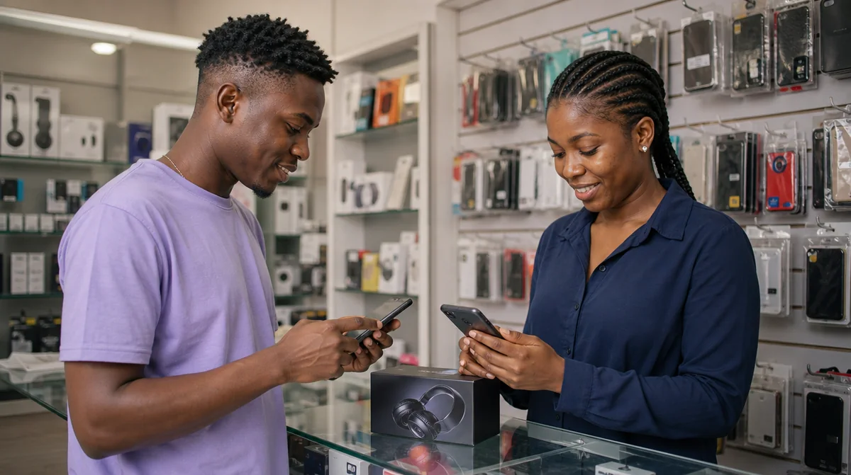 A customer paying by mobile money on his phone while the shop owner sees the payment arrive