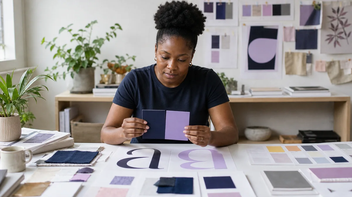 A brand designer comparing navy and violet colour swatches beside type specimens