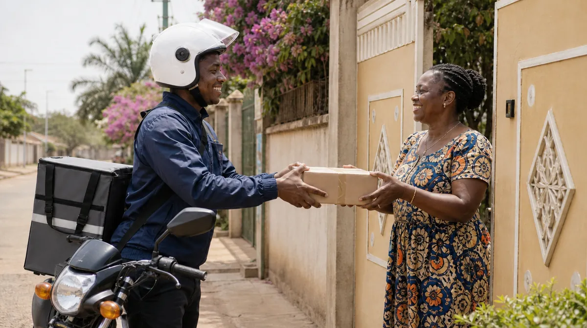 A delivery rider handing a parcel to a customer at her gate