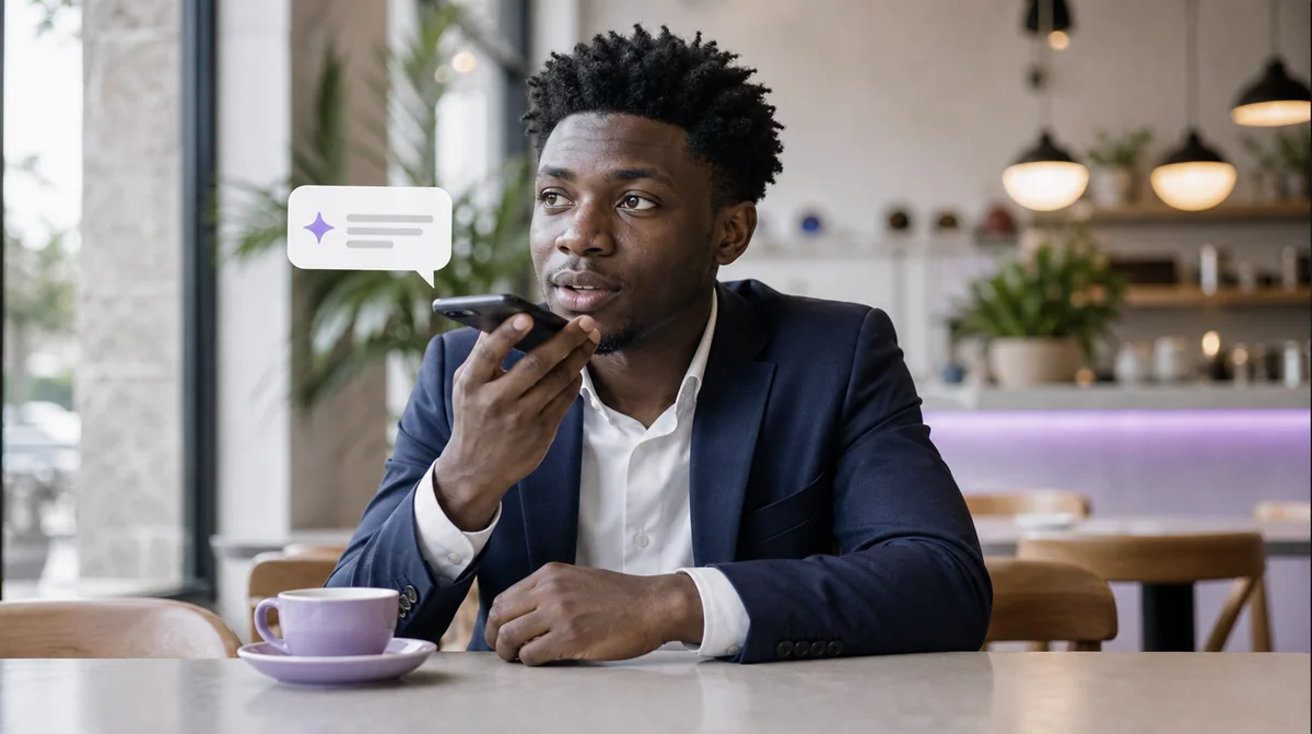 A young professional in a caf&eacute; asking an AI assistant a question on his phone