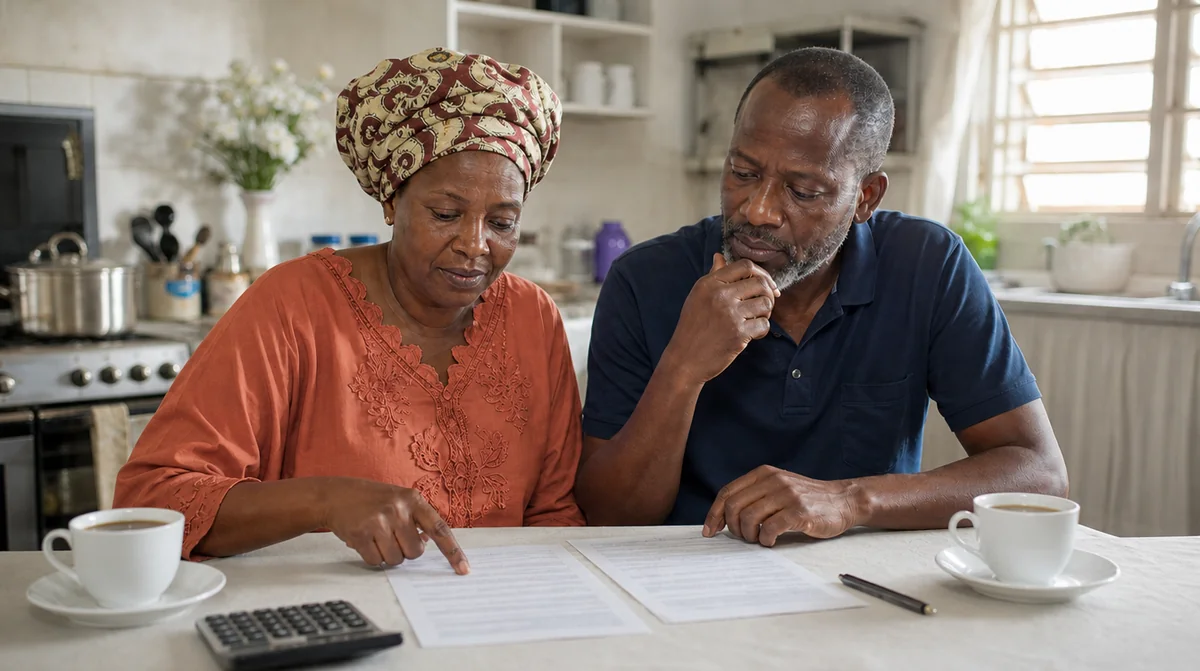 A couple comparing two printed website quotes at their kitchen table