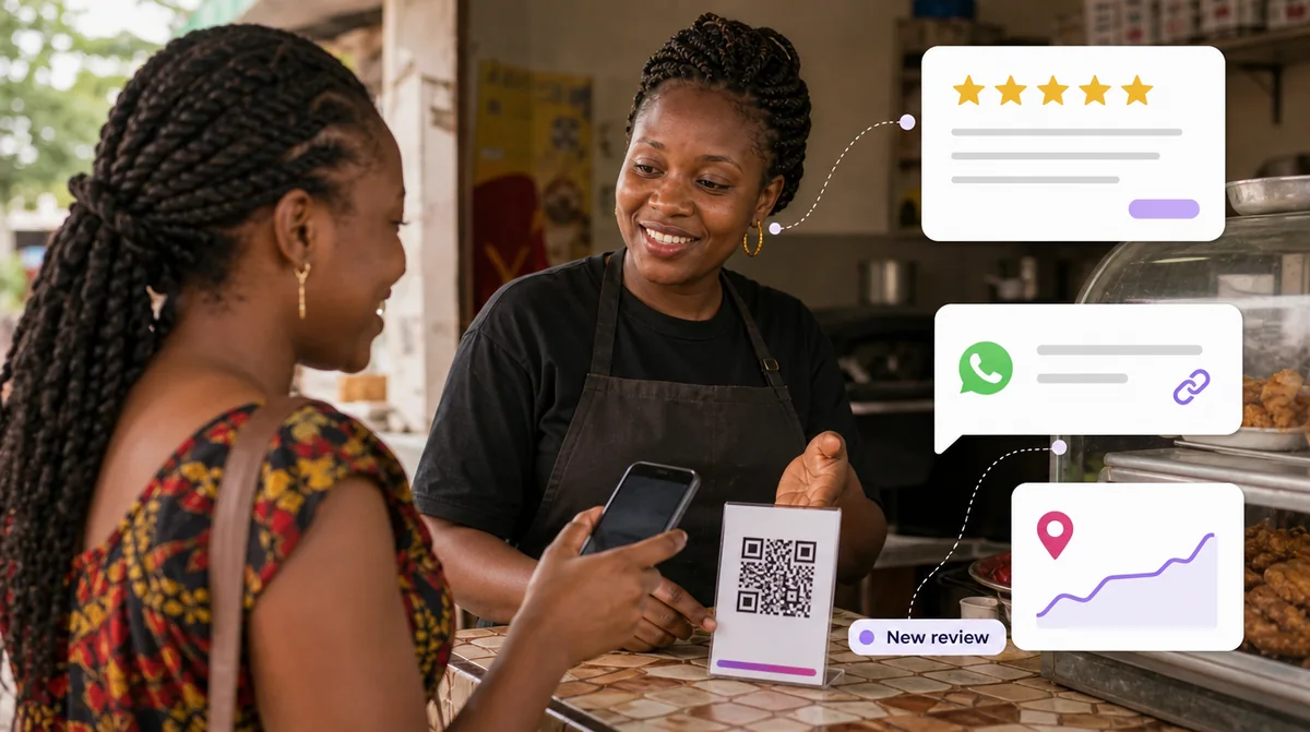 A restaurant owner in Yaound&eacute; showing a customer a review QR code at the counter while the customer holds her phone