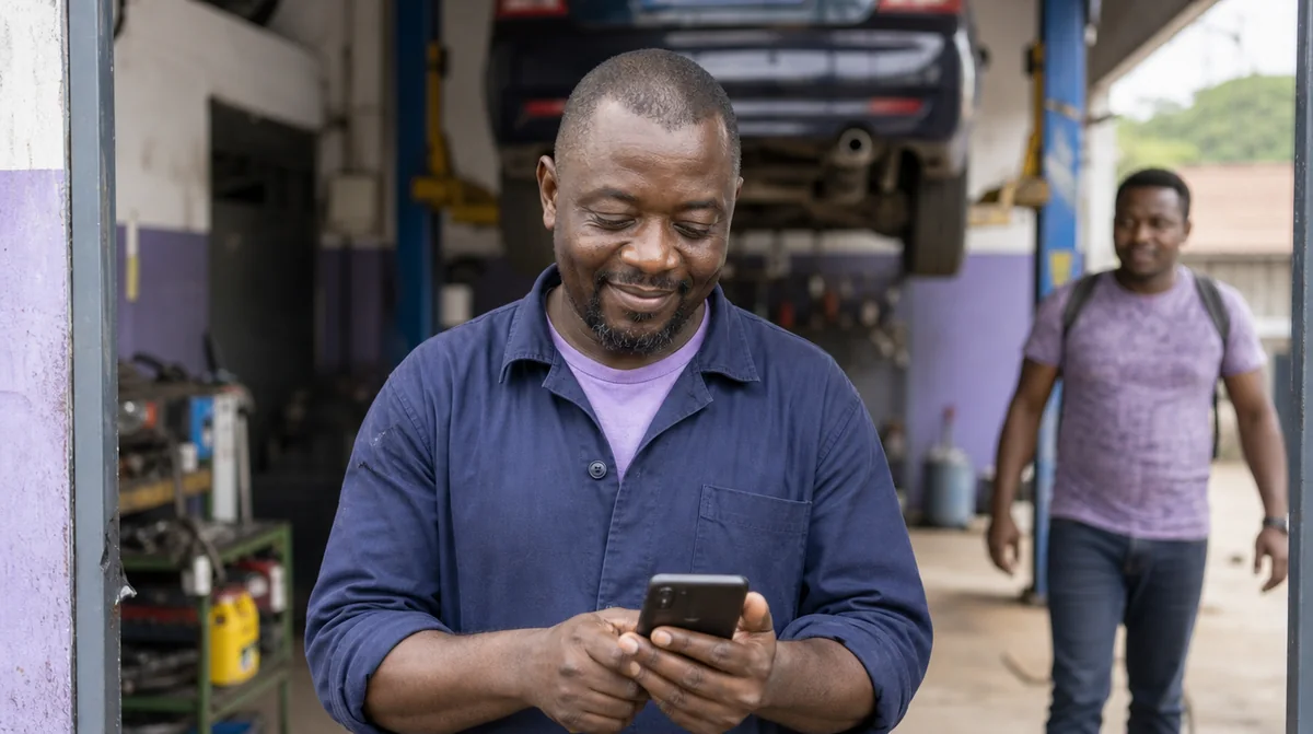A garage owner in Yaound&eacute; checking his business listing on his phone in the doorway of his workshop