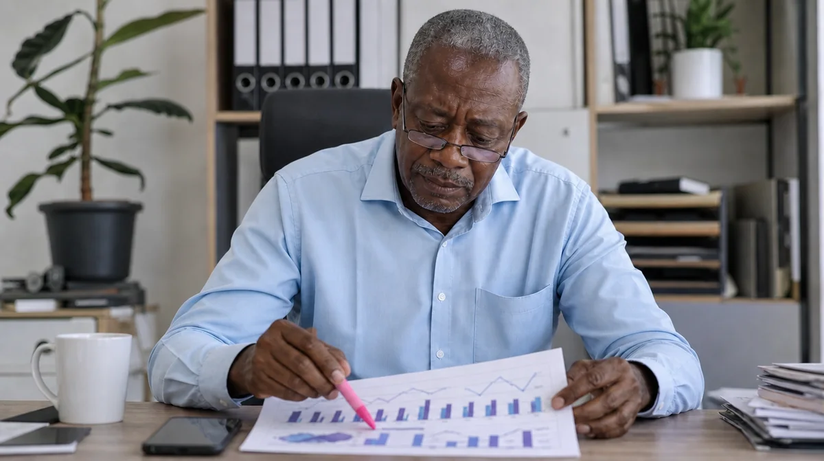 A business owner highlighting lines on a printed advertising report