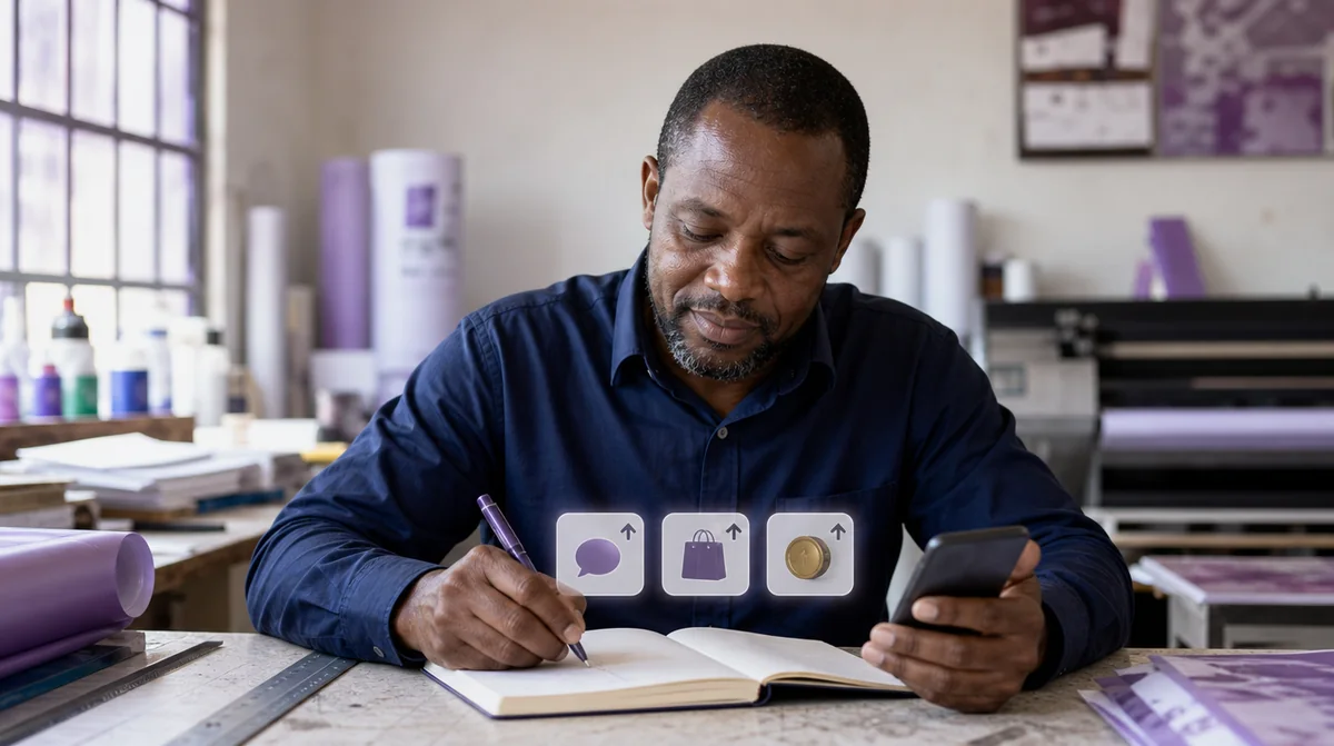 A printing shop owner noting his weekly figures in a notebook