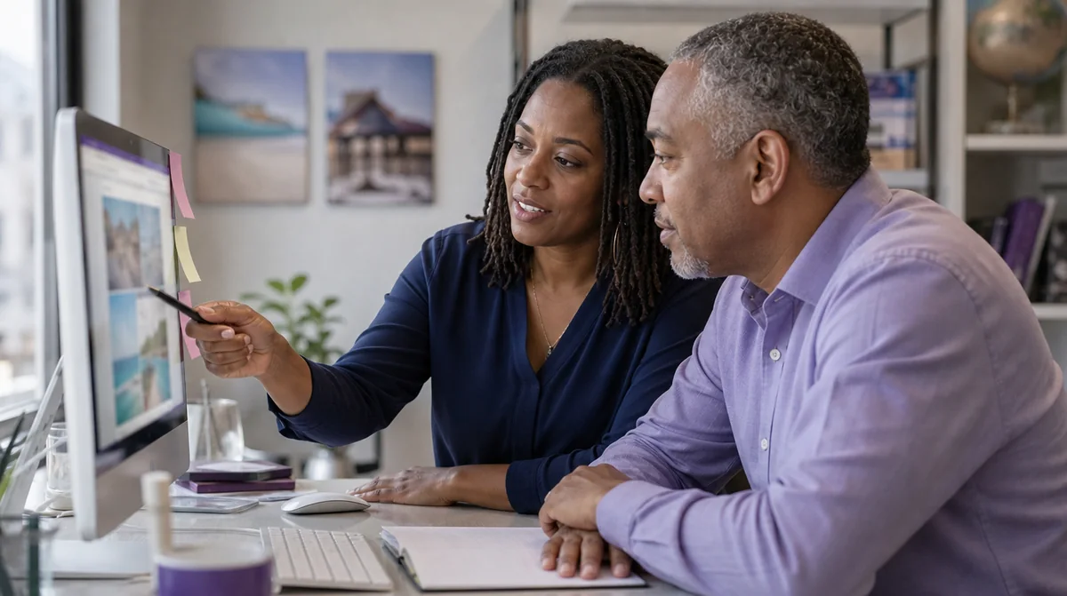 A web consultant pointing out fixes on an older website to a travel agency owner