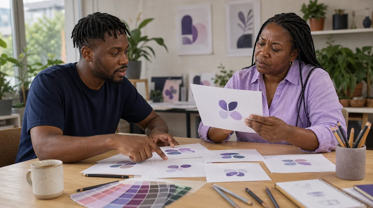 A brand designer showing logo sketches to a juice bar owner at a studio table