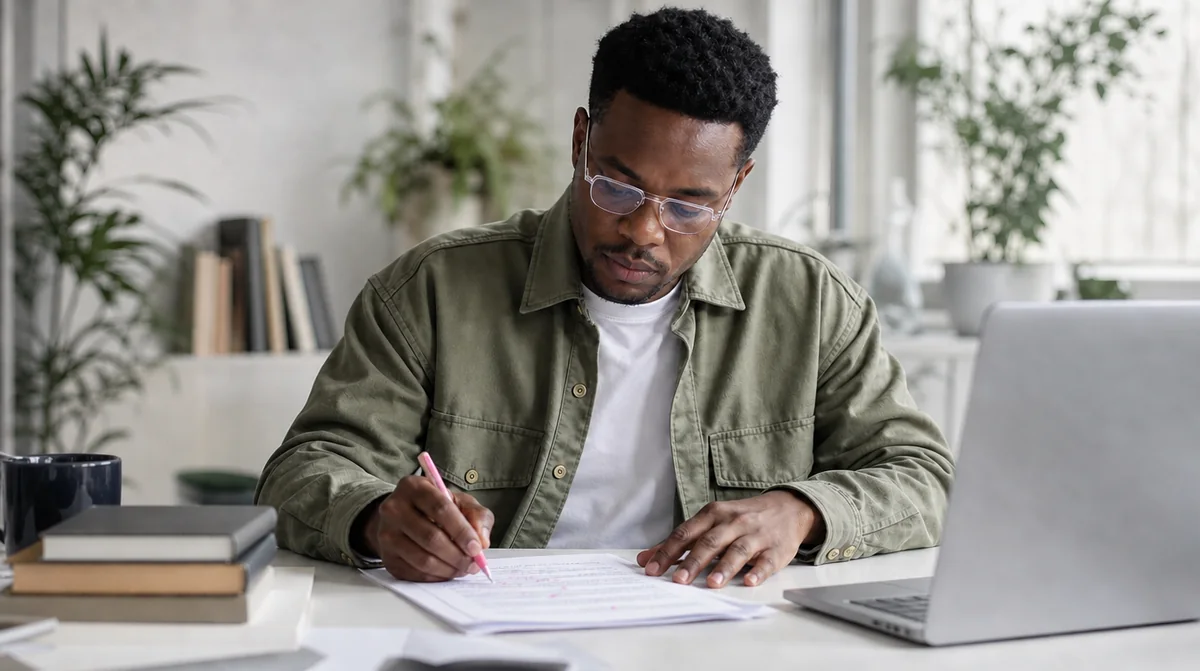 A copywriter editing a printed AI draft with a pink pen