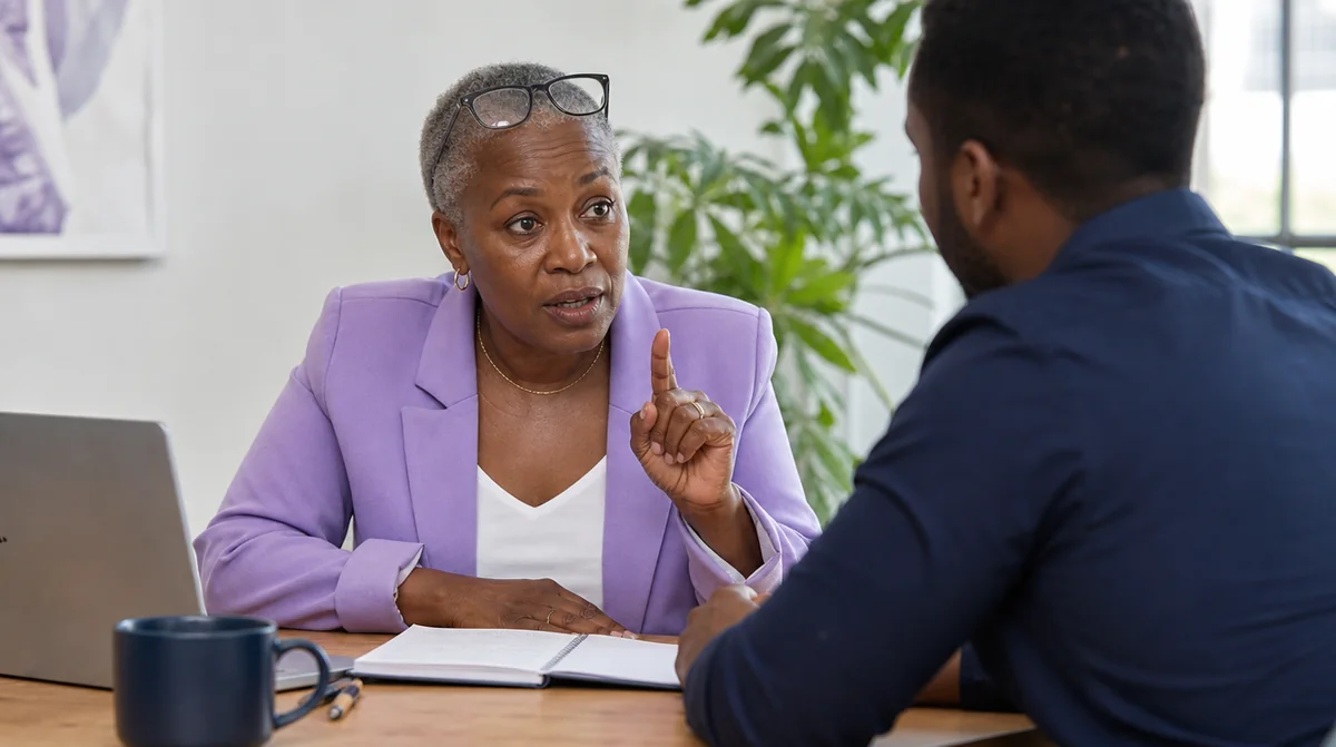 A business owner asking an SEO agency representative a pointed question in a meeting