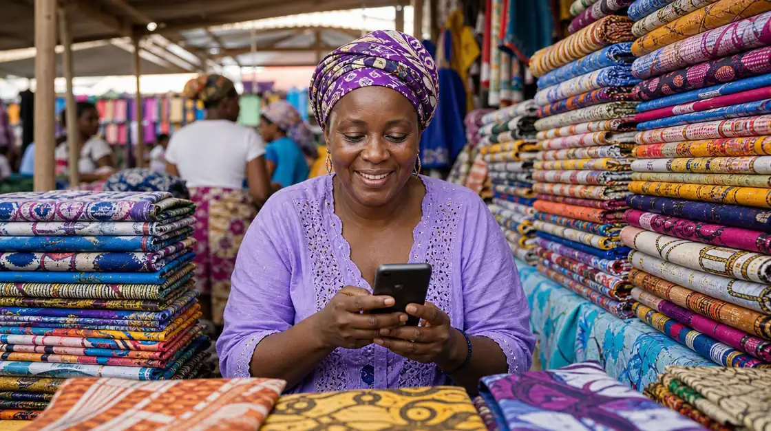 A fabric trader replying to a customer on WhatsApp from her market stall