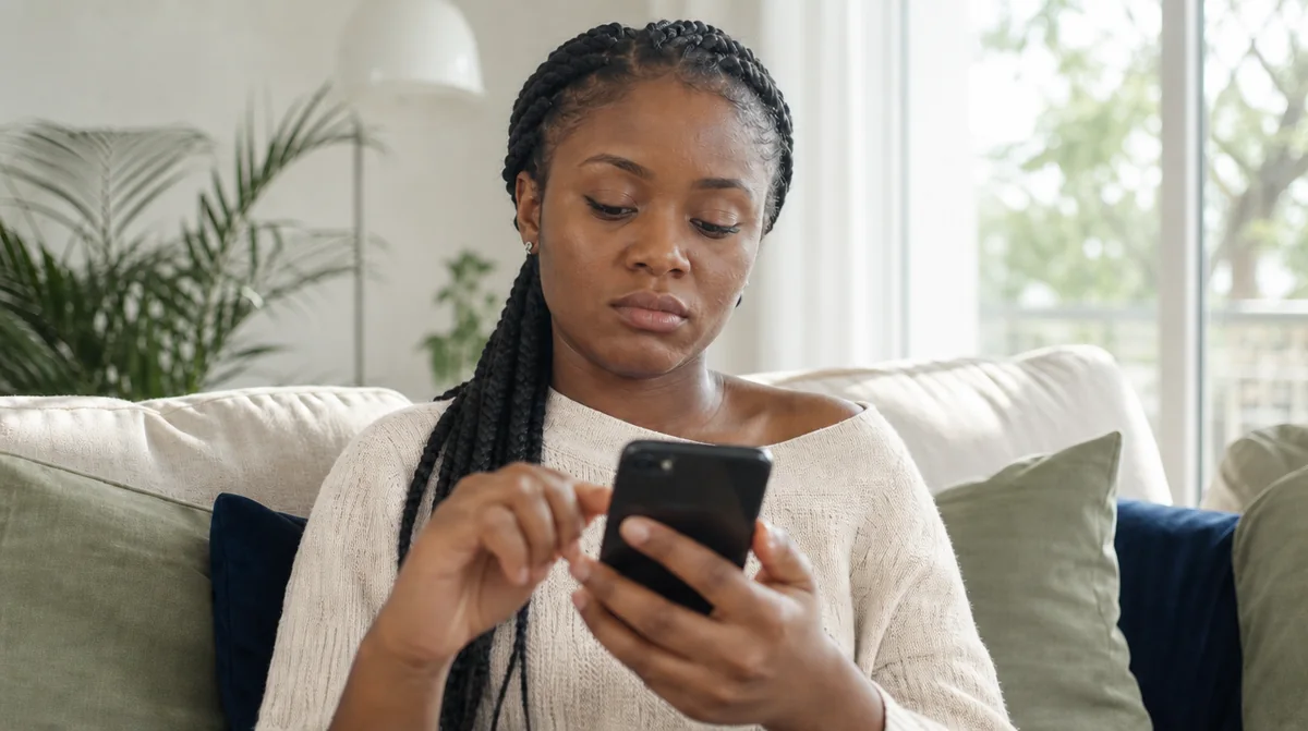 A woman scrolling quickly past search results on her phone