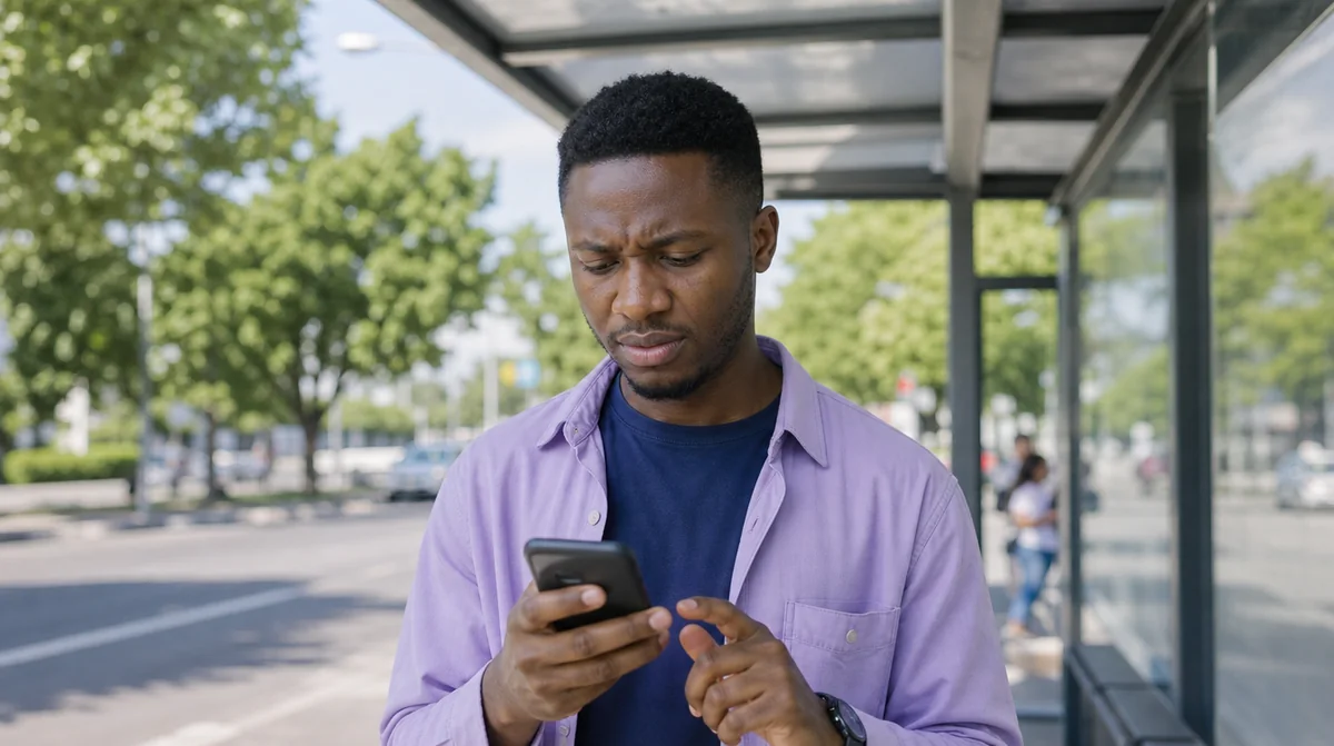A man at a bus stop frowning at an ad's landing page on his phone