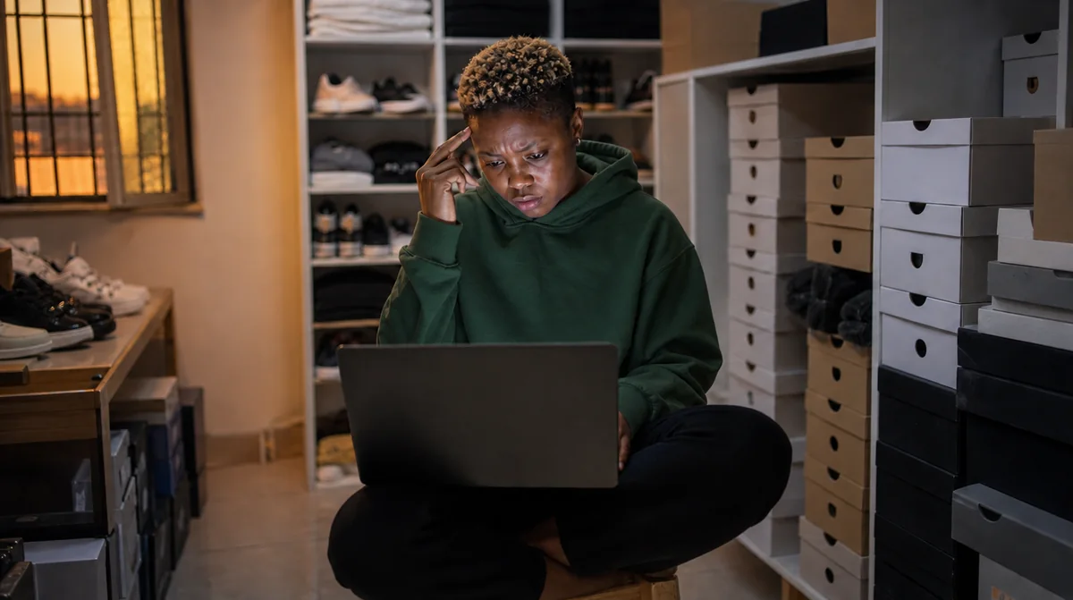An online store owner in her stockroom studying where customers drop off before paying