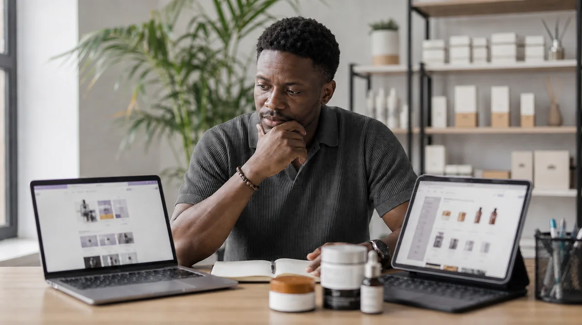 A cosmetics brand owner comparing two online store setups on a laptop and a tablet