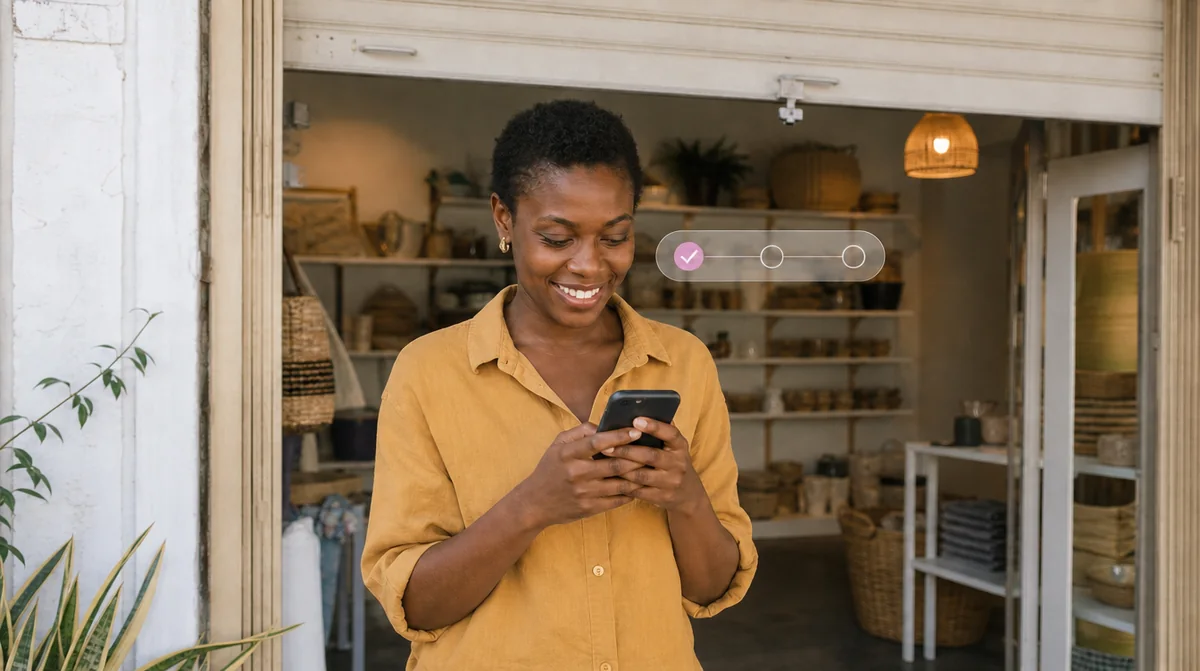 A new shop owner opening her homeware shop in the morning with her phone in hand