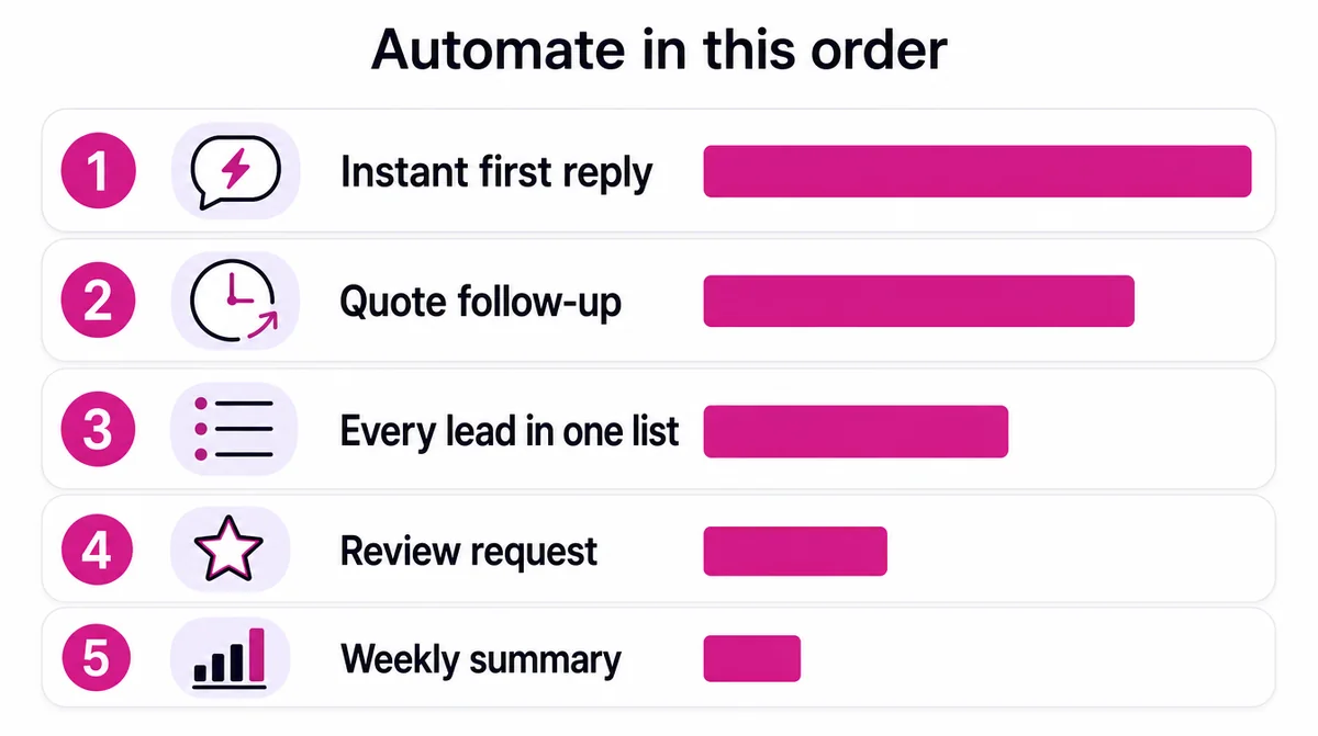 Five workflows ranked in the order to automate them: instant first reply, quote follow-up, every lead in one list, review request, weekly summary