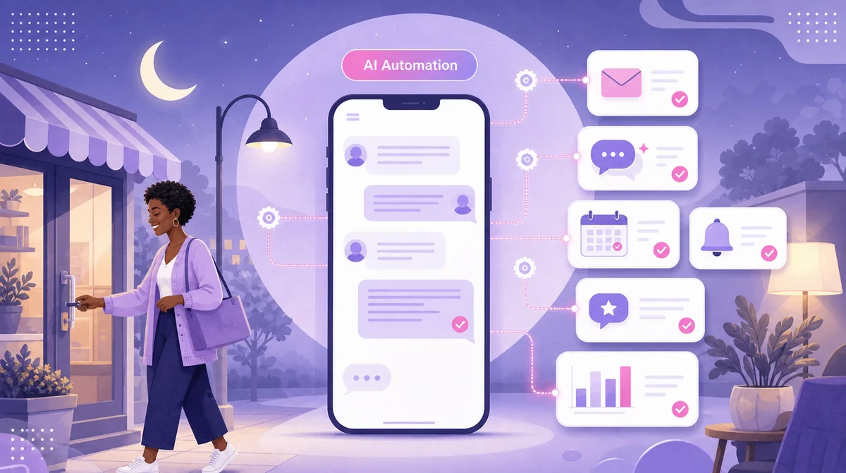 A shop owner locking up for the night while her phone keeps answering customers, with follow-ups, reminders, review requests and reports running on their own