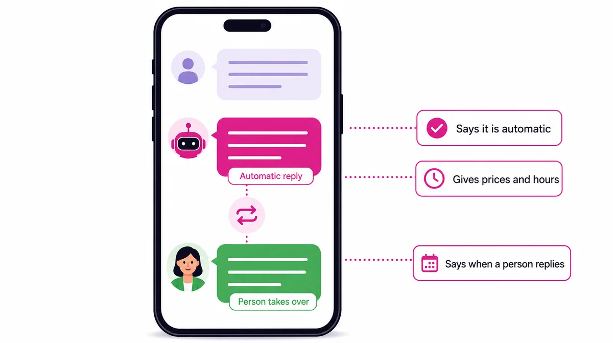 A phone chat where an automatic reply says it is automatic, gives prices and hours, and says when a person will reply, followed by a person taking over