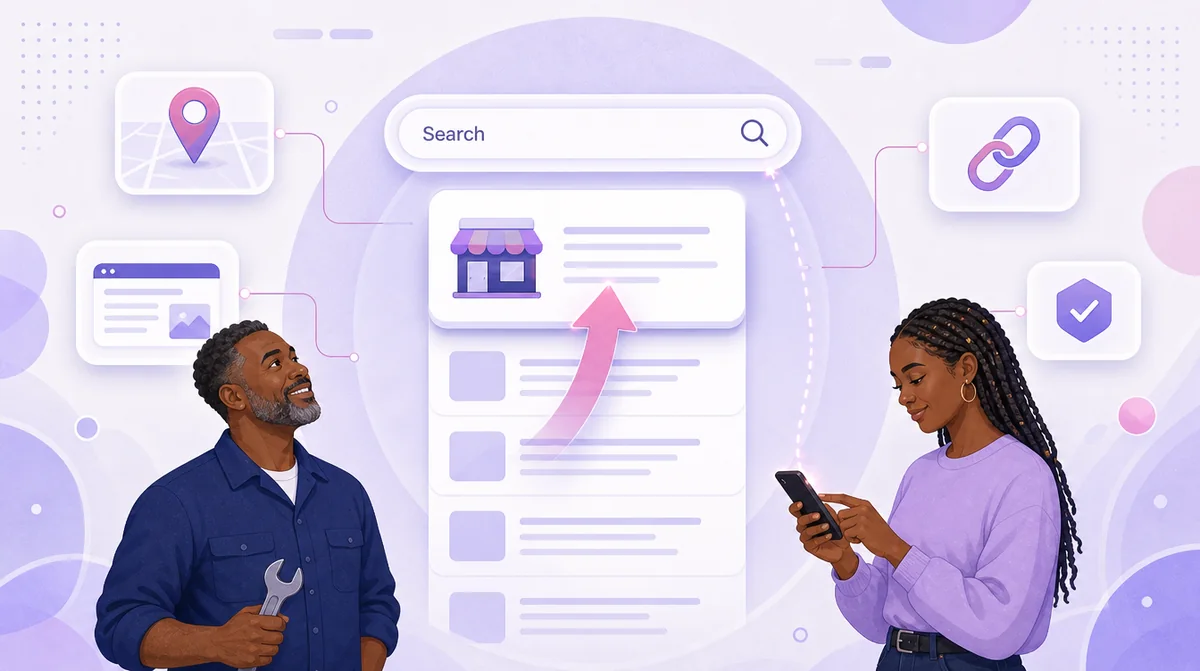 Illustration of a hardware store owner watching his listing climb the search results as a customer searches on her phone