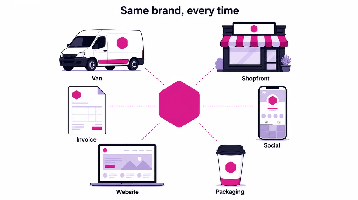 One brand mark connected to six places it appears: van, shopfront, invoice, social, website and packaging