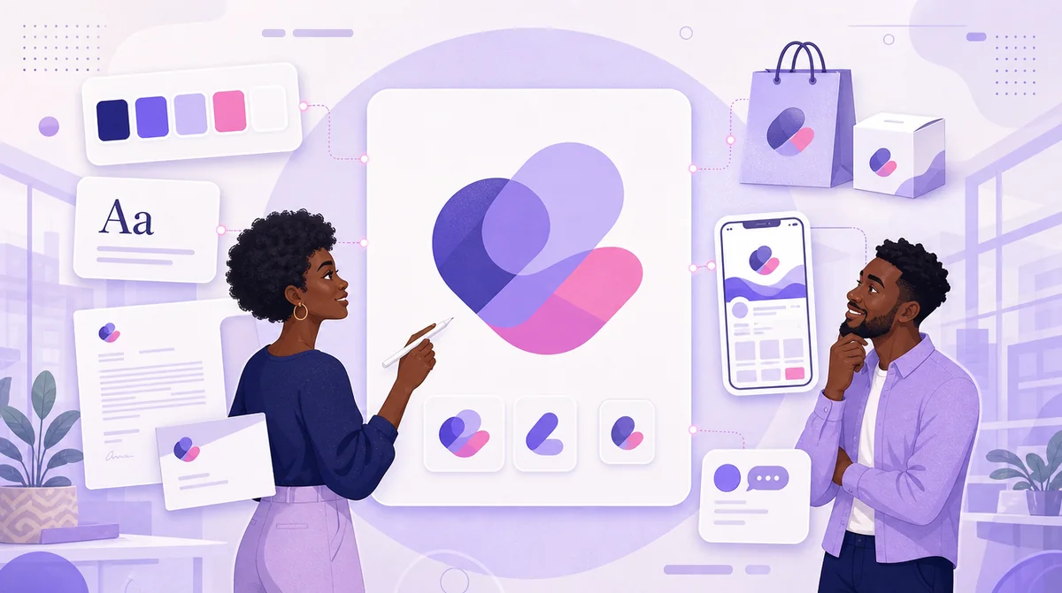 Illustration of a brand identity system: logo variations, colour palette, typography, stationery, packaging and a social profile
