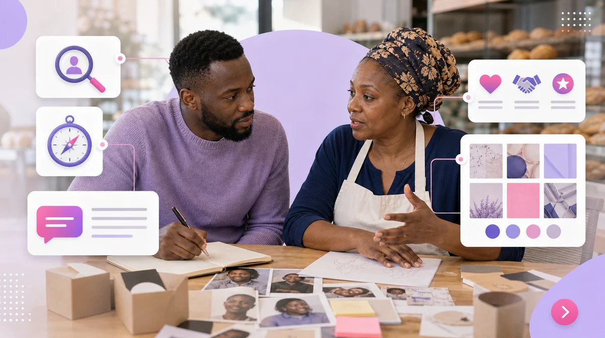 A brand strategist taking notes while a bakery owner describes her customers, with persona, values and mood board cards around them
