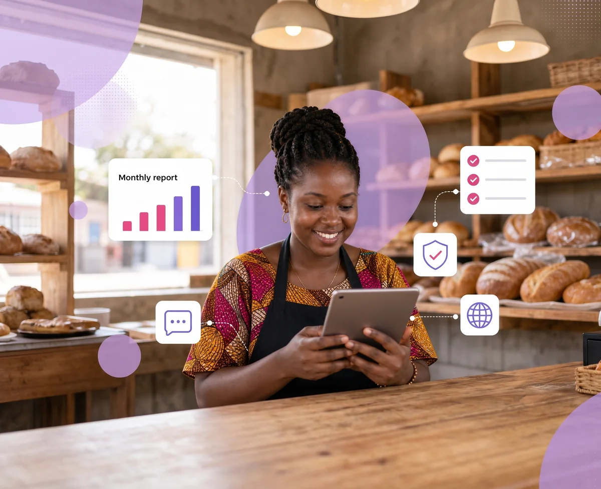 A bakery owner smiling as she reads a simple monthly marketing report on a tablet, with icons for a checklist, Google's rules, a globe and a chat