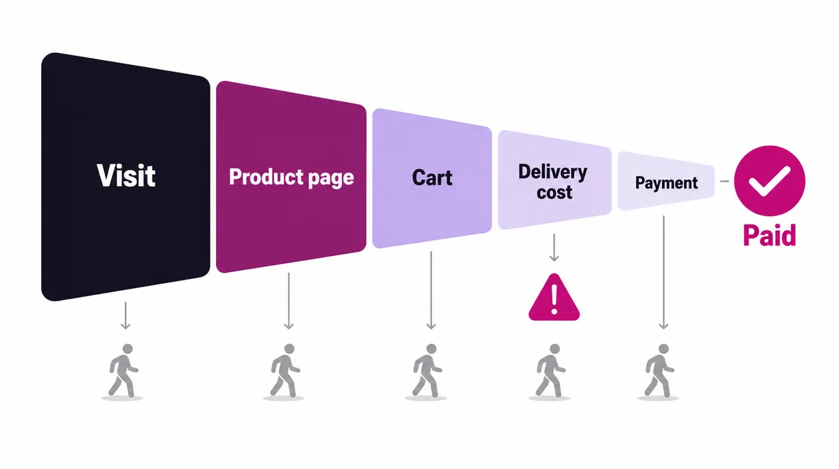 A funnel from visit to product page, cart, delivery cost and payment, with shoppers leaving at each step and most leaving at delivery cost