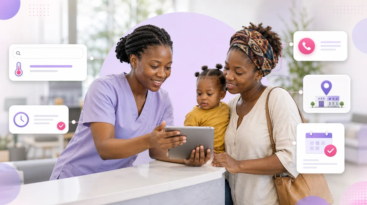 A clinic receptionist showing a mother the clinic website on a tablet, with opening hours, a call button, directions and appointment booking