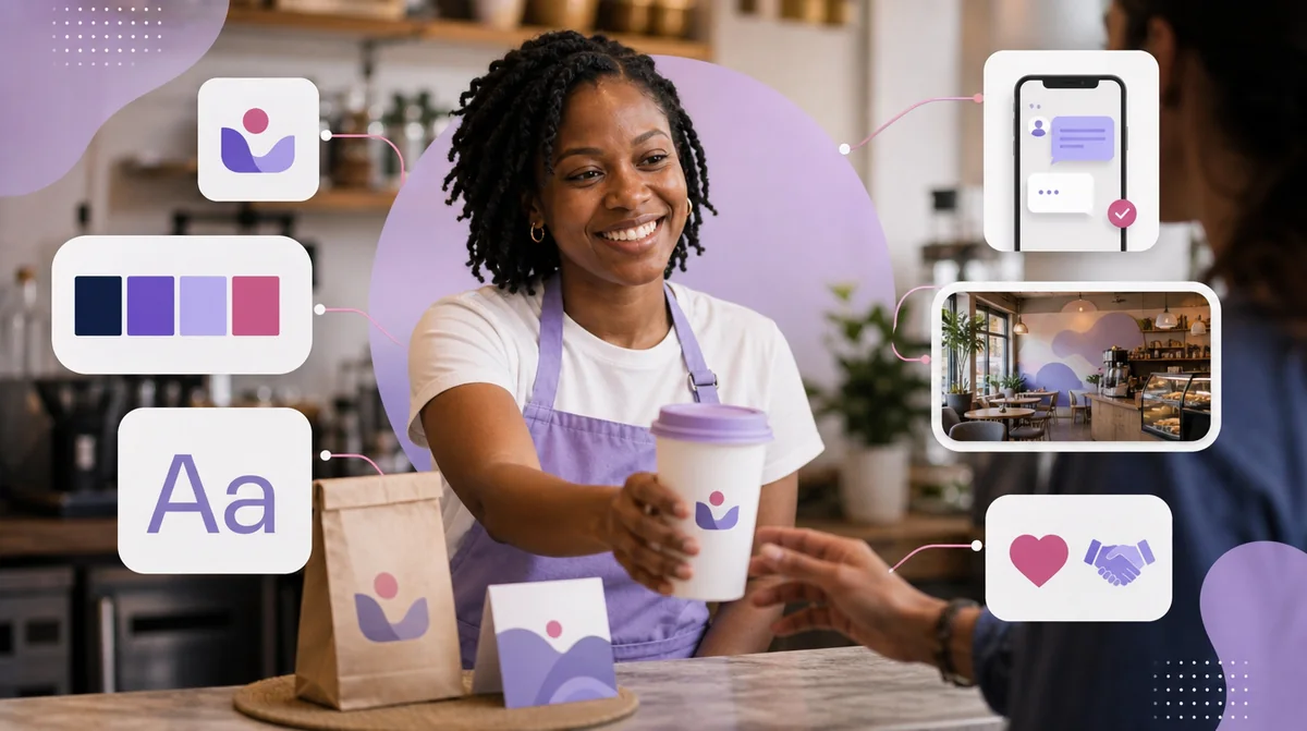 A coffee shop owner handing over a cup, where the cup, bag, colours, type, photos and message replies all carry the same brand