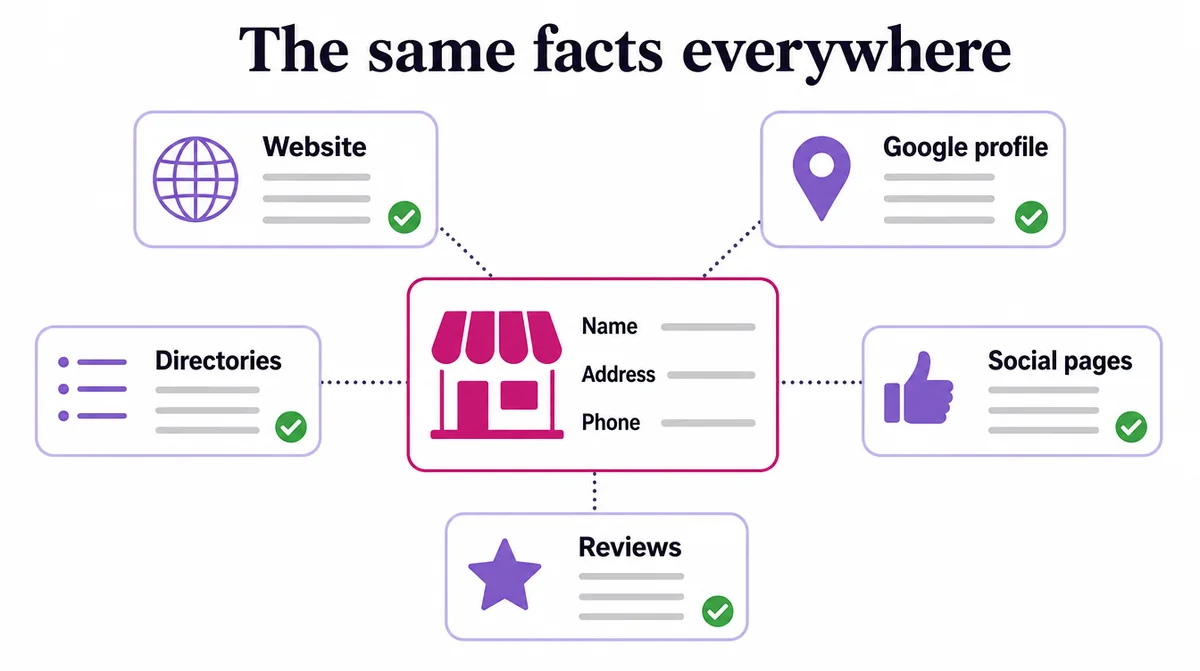 A business card in the centre connected to its website, Google Business Profile, directories, social pages and reviews, all showing the same name, address and phone