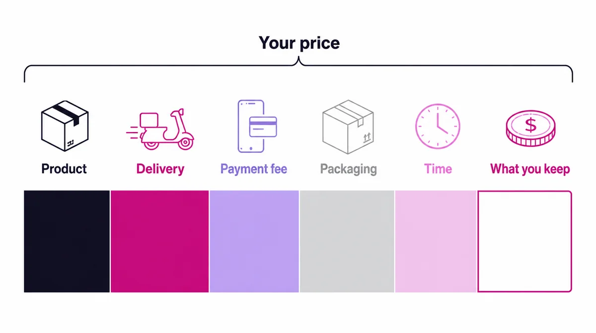 A bar representing the price of one sale divided into product, delivery, payment fee, packaging, time, and what you keep
