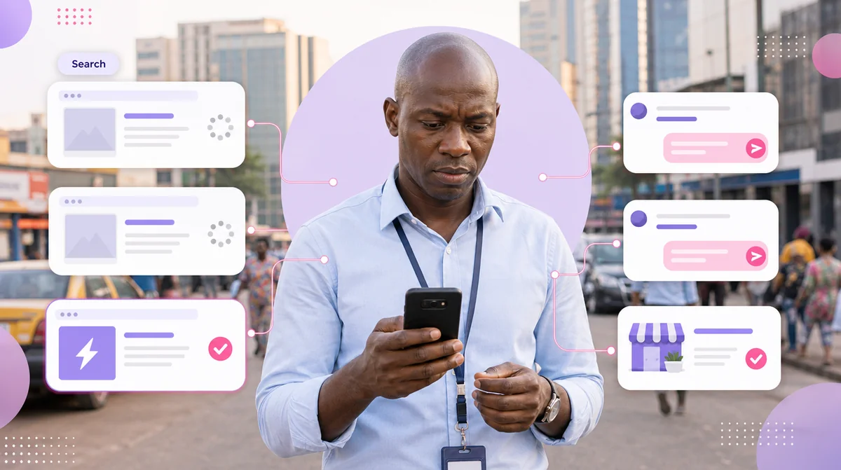 A buyer on a Douala business street comparing supplier websites on his phone and messaging the fast, serious ones