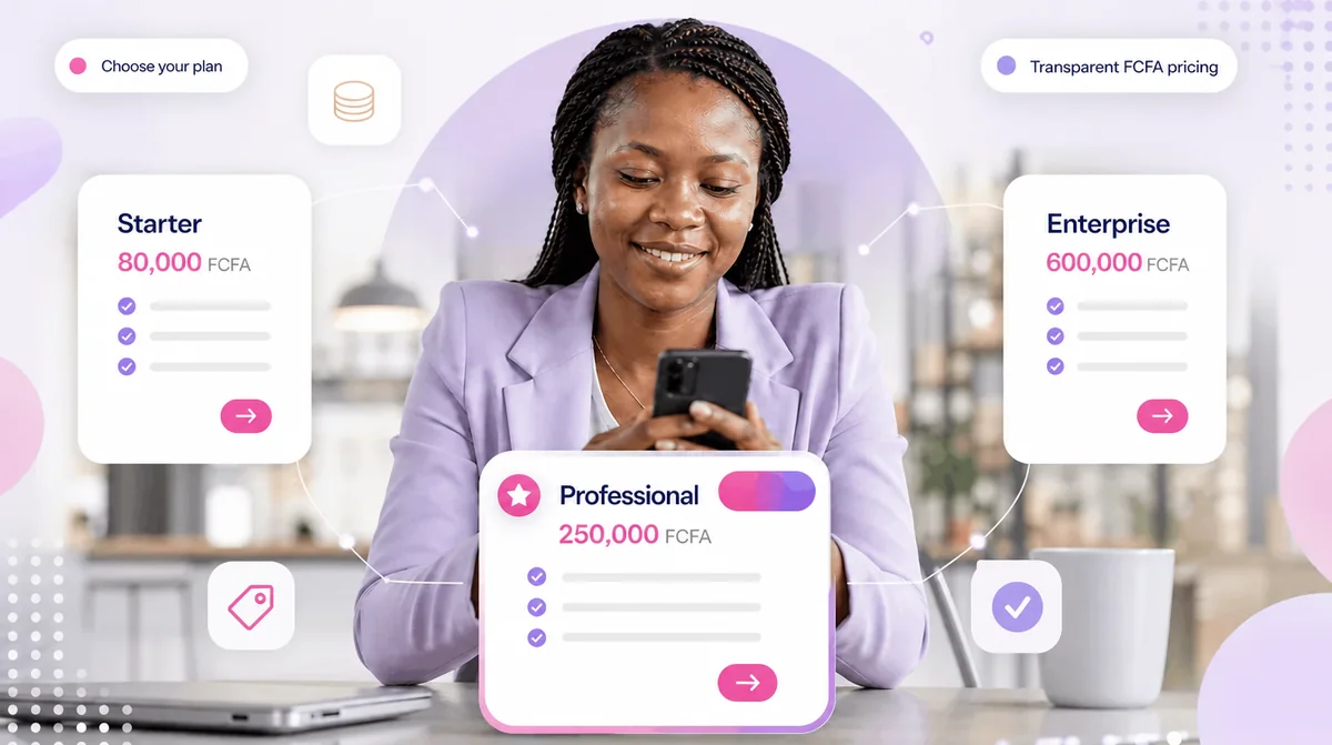 A client comparing the Starter, Professional and Enterprise website plans at 80,000, 250,000 and 600,000 FCFA on her phone