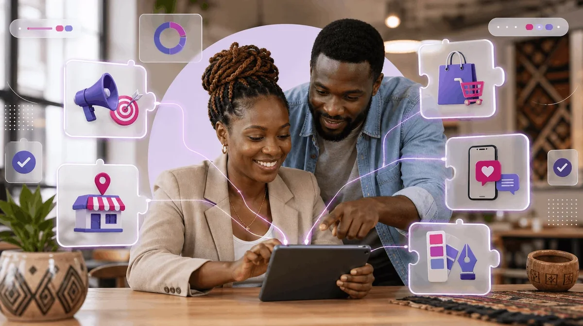 Two colleagues planning on a tablet, linked to icons for advertising, local SEO, eCommerce, social media and branding
