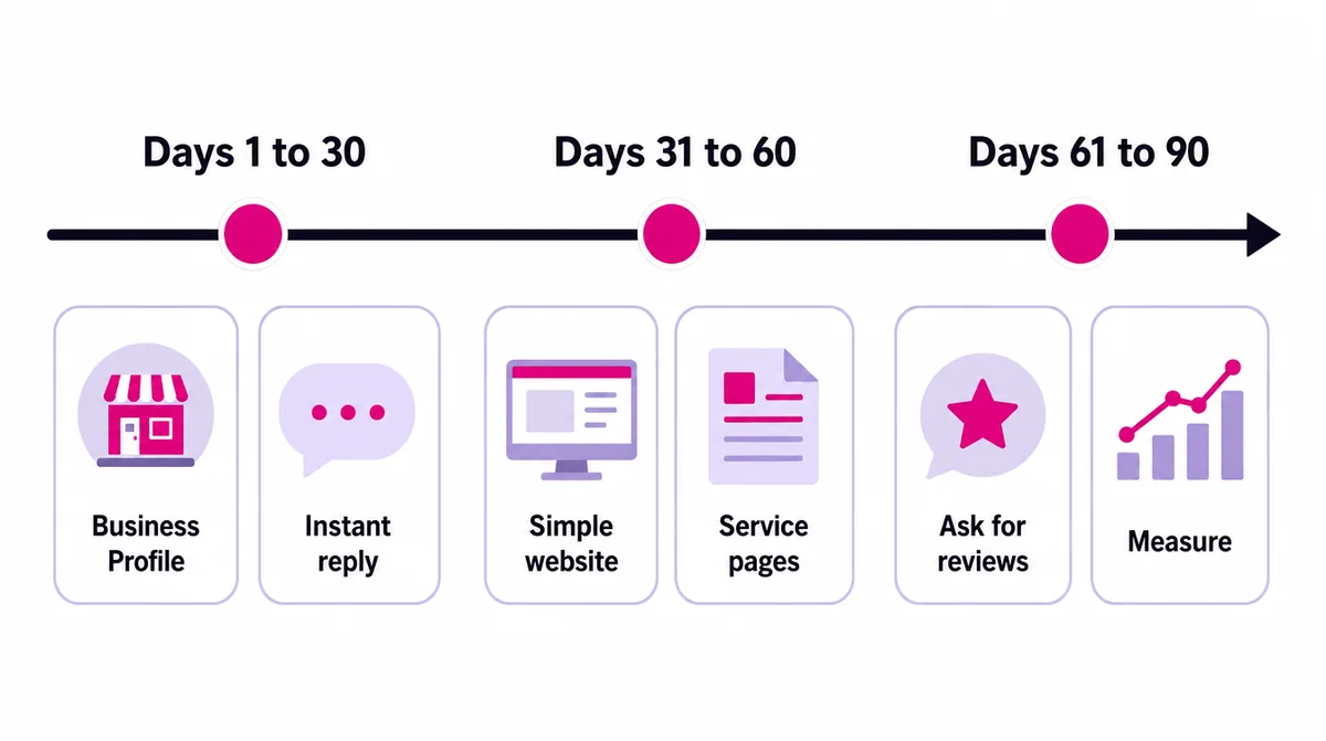 A ninety-day timeline: days 1 to 30 business profile and instant reply, days 31 to 60 simple website and service pages, days 61 to 90 ask for reviews and measure