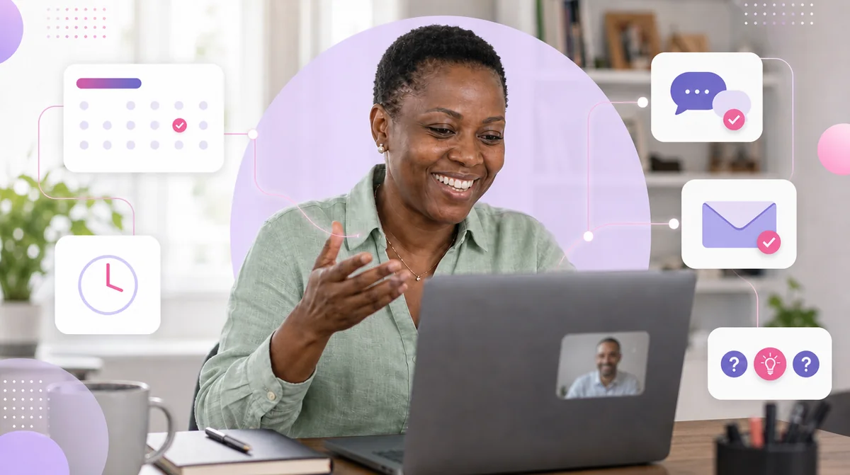 A business owner laughing on a short video call from her home office, with the call booked and confirmed