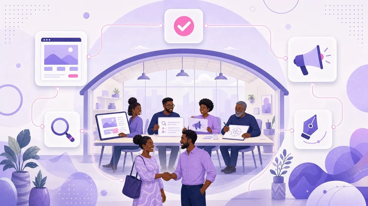 Illustration of one team under one roof handling web design, search, ads and branding together as a client shakes hands with them