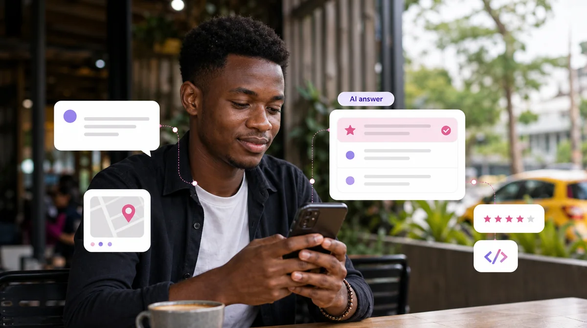 A young man at a cafe in Douala asking an AI assistant for a recommendation on his phone, with the answer, a map pin, a star rating and structured data floating beside it