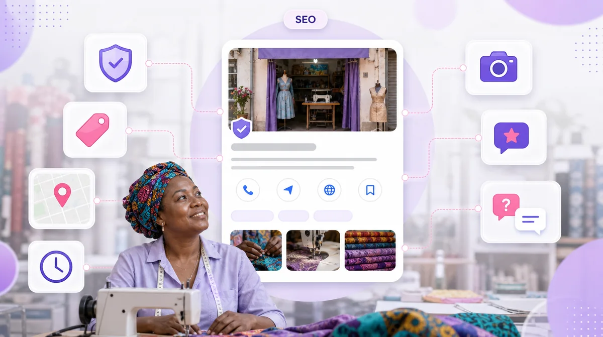 A tailor at her sewing table below a completed business profile linked to verification, categories, map, opening hours, photos, reviews and questions