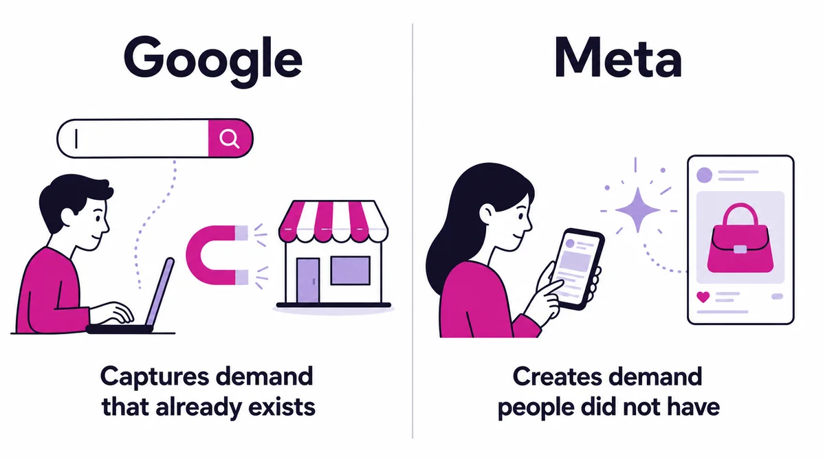 Comparison: Google captures demand that already exists through search, Meta creates demand people did not have through the social feed