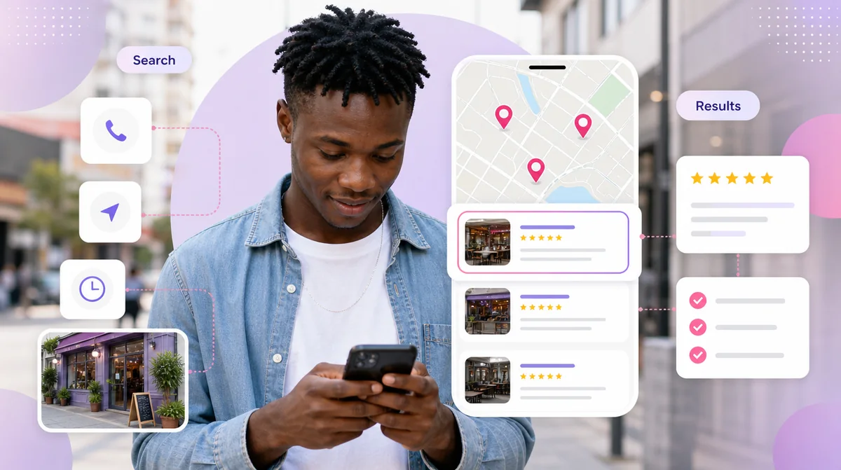 A young man on a city street choosing between the three businesses shown in the map results on his phone