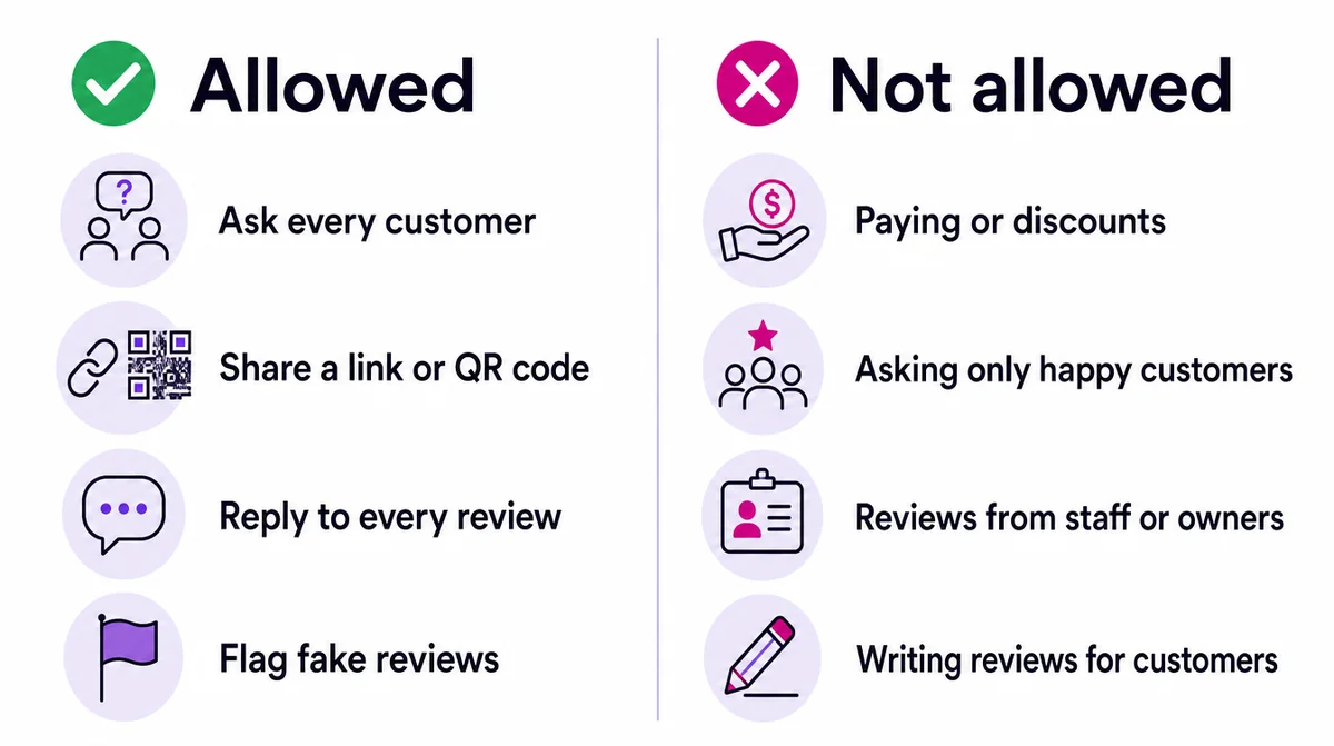 Two columns: allowed is asking every customer, sharing a link or QR code, replying to every review and flagging fake reviews; not allowed is paying or discounts, asking only happy customers, reviews from staff or owners, and writing reviews for customers