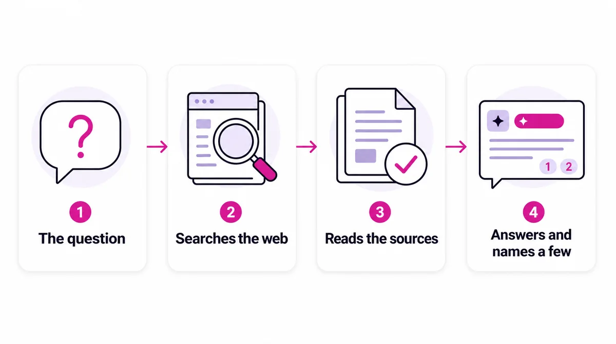 Four steps: the question, the assistant searches the web, reads the sources, then answers and names a few businesses with citations
