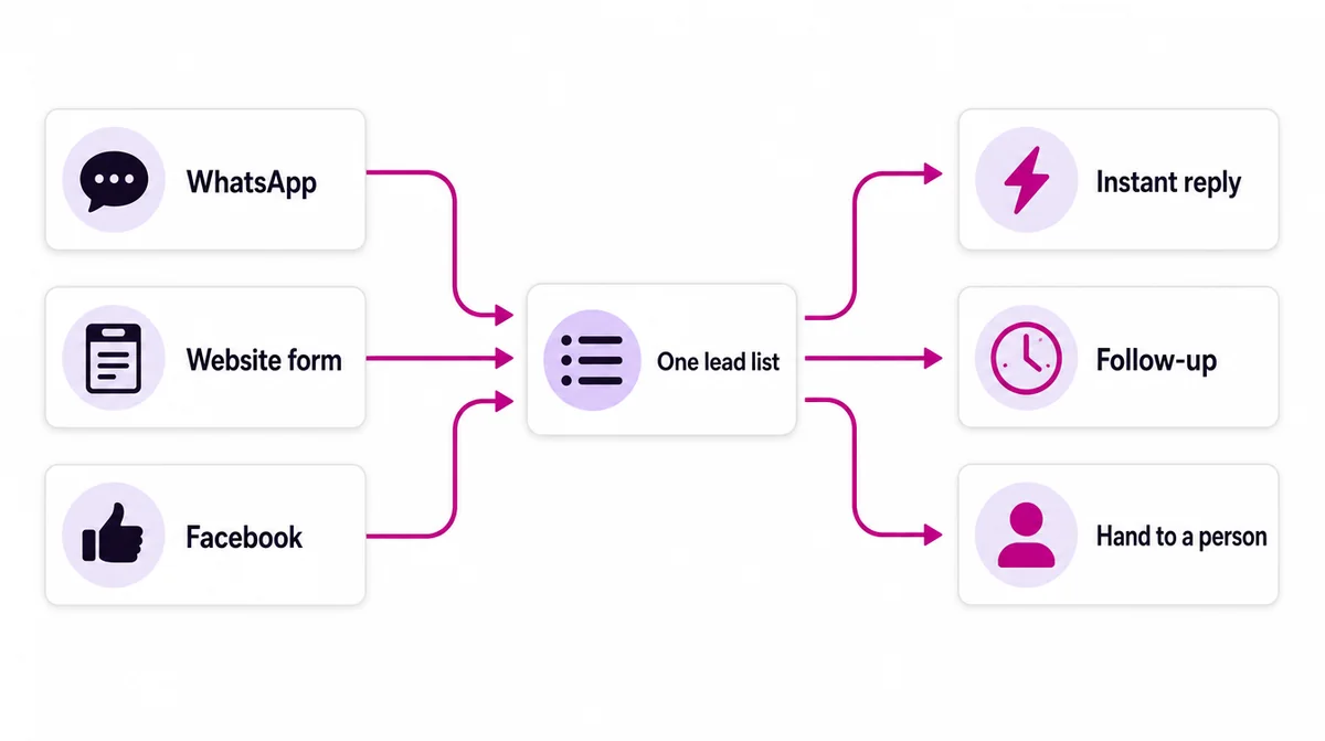 Leads from WhatsApp, a website form and Facebook flowing into one lead list, then into an instant reply, a follow-up or a handover to a person