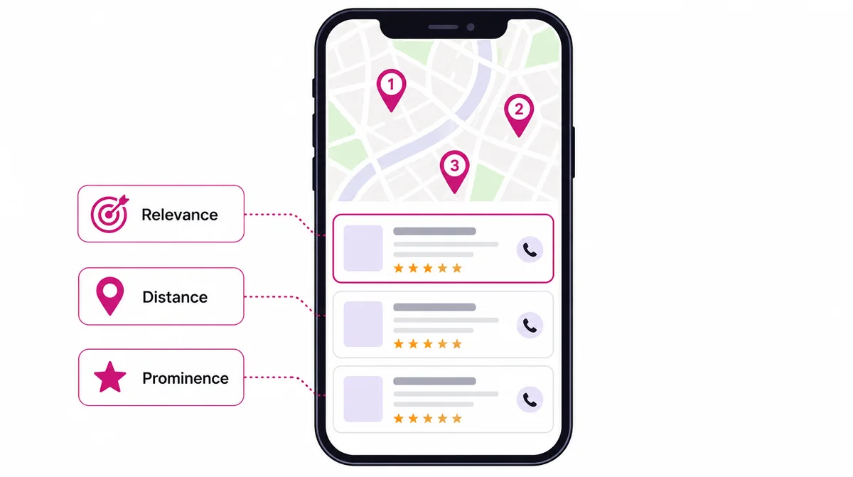 A phone showing a local search map with three numbered pins and three business listings, beside the labels Relevance, Distance and Prominence